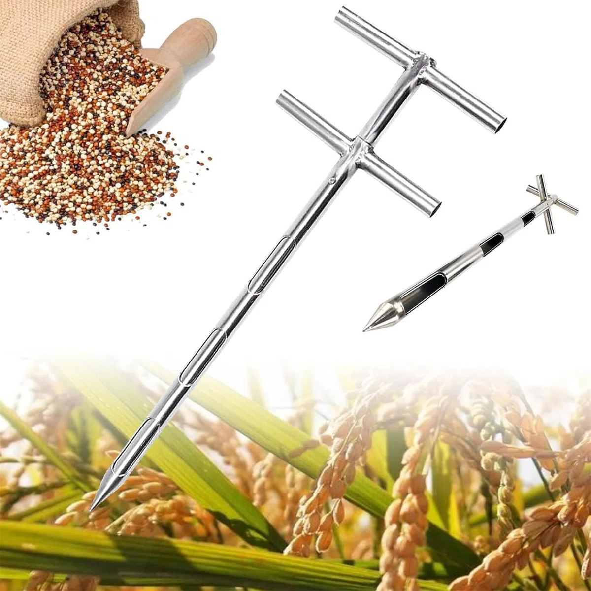 Campionatore di polvere di grani in acciaio inossidabile, Tubo di campionamento di polvere rotante a doppio strato, Sonda di grano per prodotti chimici solidi granulari, 3 slot, sonda di grano per