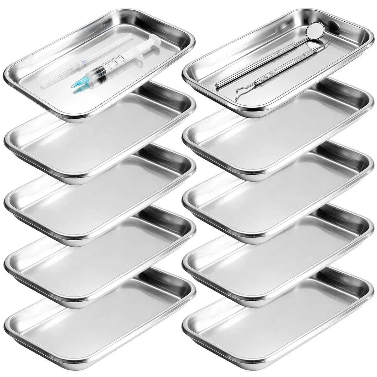 10 vassoi rettangolari in acciaio inox, 22,5 x 11,7 x 2 cm, piccoli vassoi da laboratorio in acciaio inox, piatti da portata per laboratorio dentale e ospedali