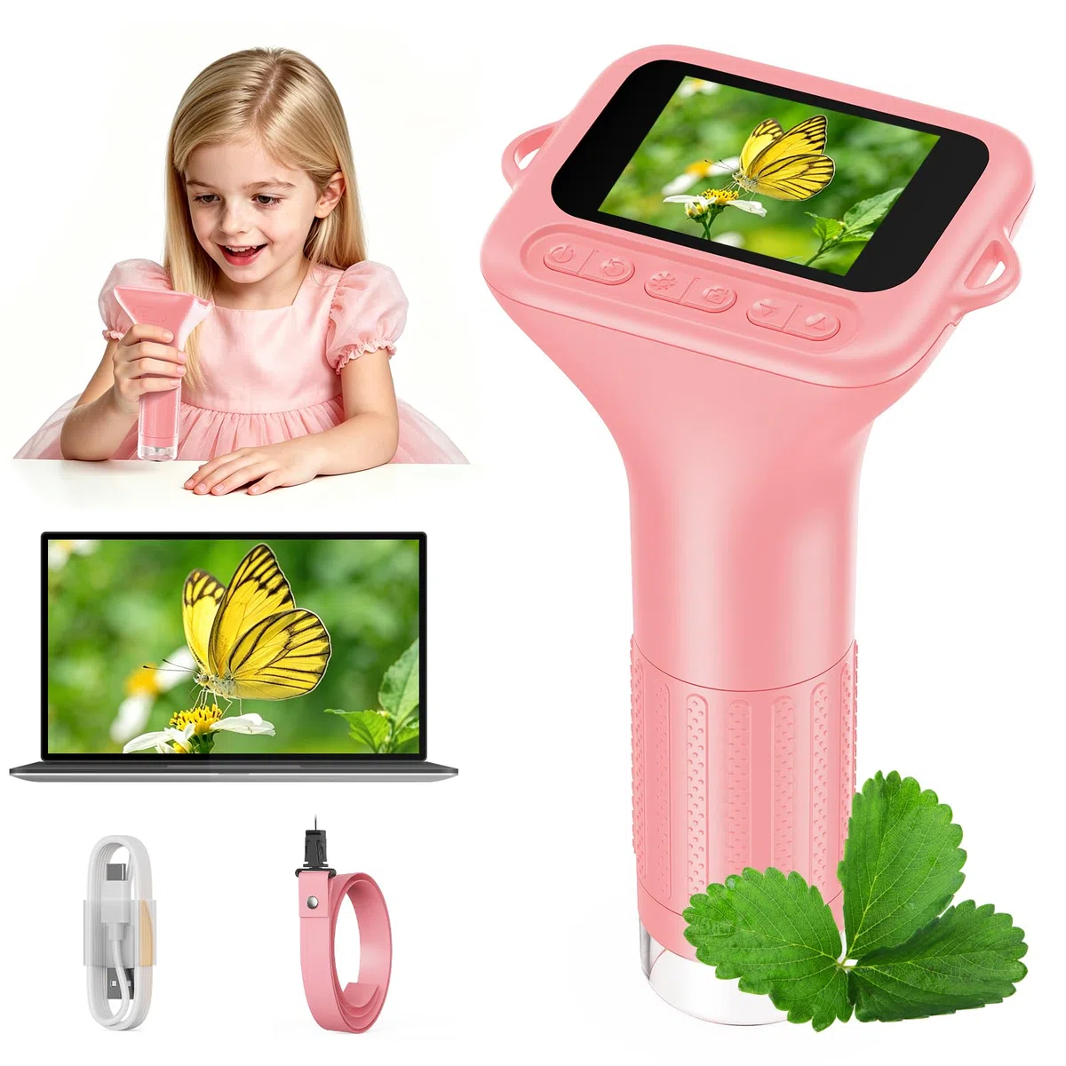 Microscopio Digitale Bambini 1000X, Microscopio Portatile con Schermo IPS 2 Pollici, 8 LED Luce Regolabile, Foto e Video, Regalo Scientifico per Bambini Ragazzi e Ragazze (Rosa)