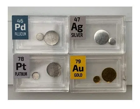Set di campioni a forma di piccoli dischi, 0,1 g, oro, argento, platino e palladio