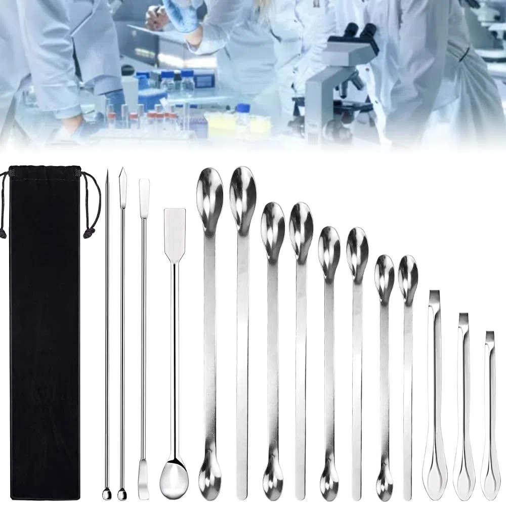 15 Pz Spatola e Cucchiaio da Laboratorio Spatola in Acciaio Inossidabile Laboratorio Micro Paletta a Doppia Testa Cucchiaio con Custodia in Velluto per Polveri di Campionamento in Laboratorio