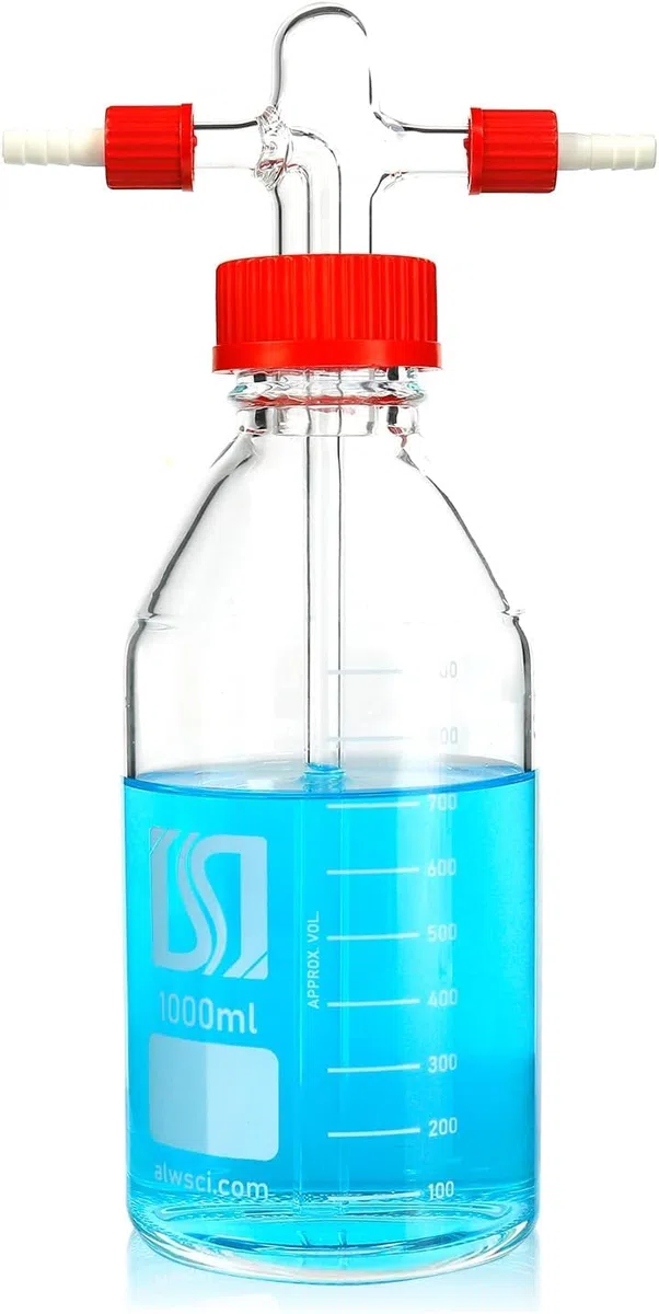 ALWSCI Bottiglia di Lavaggio dei Gas da Laboratorio, Bottiglia Graduata del Laboratorio con GL45 Tappo a Vite Rosso del Polipropilene GL45, 1Set