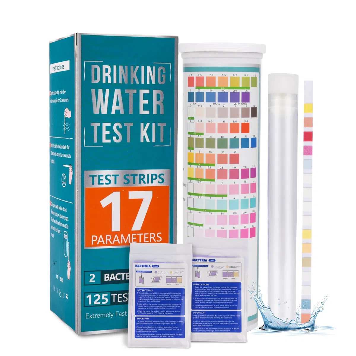 Kit Analisi Acqua Potabile 17 in 1 (125 strisce+2 test batteri) Strisce Test Acqua Piscina, Test pH, durezza totale, idrogeno solforato, ferro, rame, piombo, manganese, cloro e altro ancora