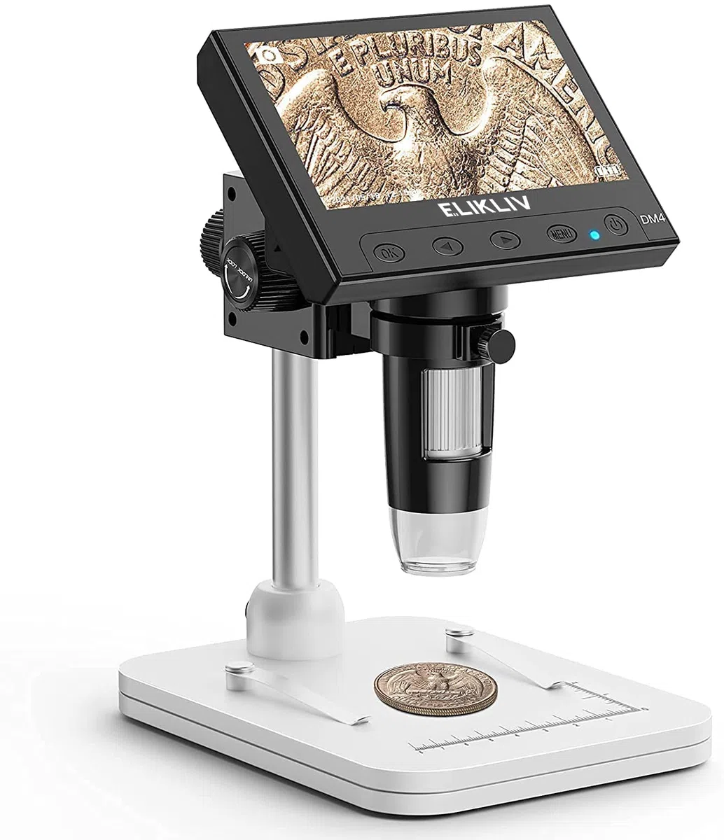Elikliv Microscopio digitale LCD per monete 1000x, Lente d'ingrandimento con 8 luci LED regolabili, Vista PC compatibile con Windows, EDM4, 4,3 pollici