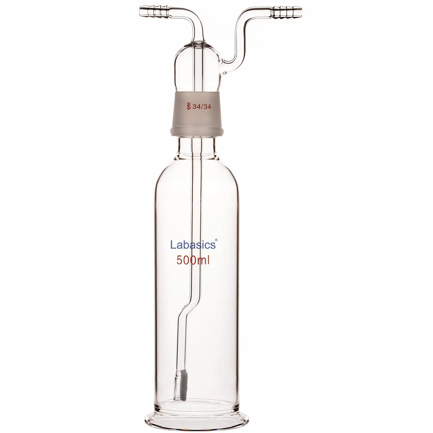 Labasics Bottiglia di Lavaggio del Gas, Vetro Borosilicato 34/34 Tappo Gas Gorgogliatore di Gas Bottiglia di Lavaggio con Disco Fritto e 8 mm di Ingresso OD/Tubi di Uscita, 500 ml