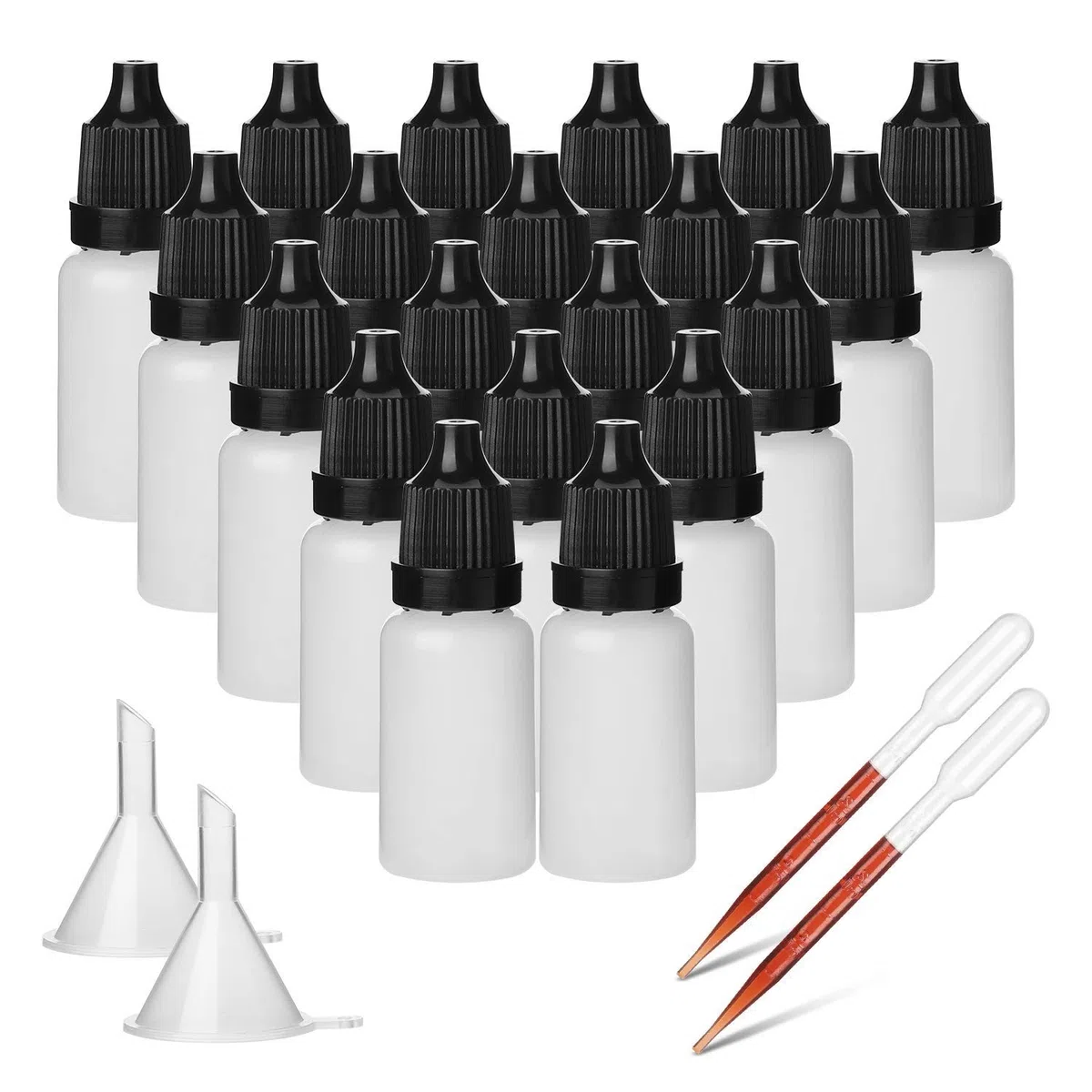 Hyber&Cara 10ml Flaconi bottiglie contagocce in plastica per liquido lacrime con imbuti e pipette, 50 pezzi