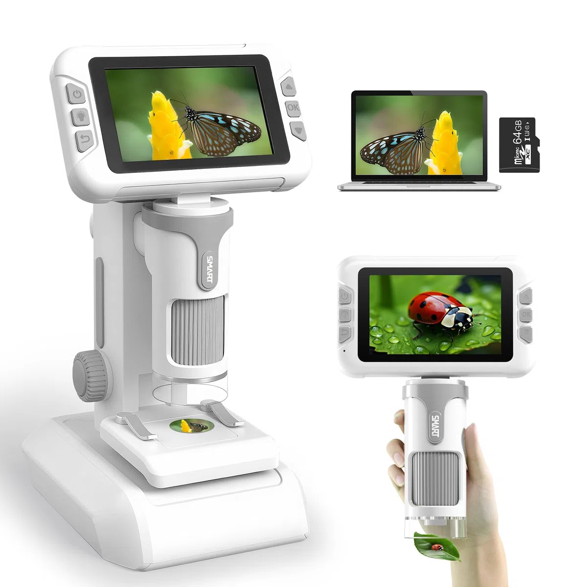 Charmofun Microscopio Bambini, Microscopio Digitale con Scheda di Memoria da 64GB, Microscopios Portatile Bambini con Schermo LCD 4", Ingrandimento 1600X, Foto e Video, Funzione Portatile e Fissa