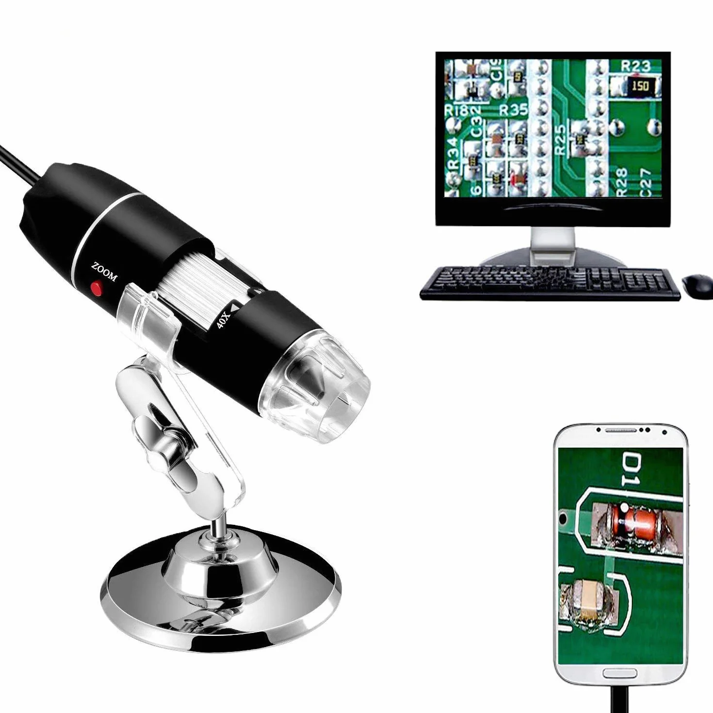 Jiusion 40 a 1000 x ingrandimento USB microscopio digitale endoscopio, 8 LED USB 2.0, mini videocamera con adattatore OTG e metallo supporto, compatibile con Mac e Windows 7 8 10 11 Android Linux