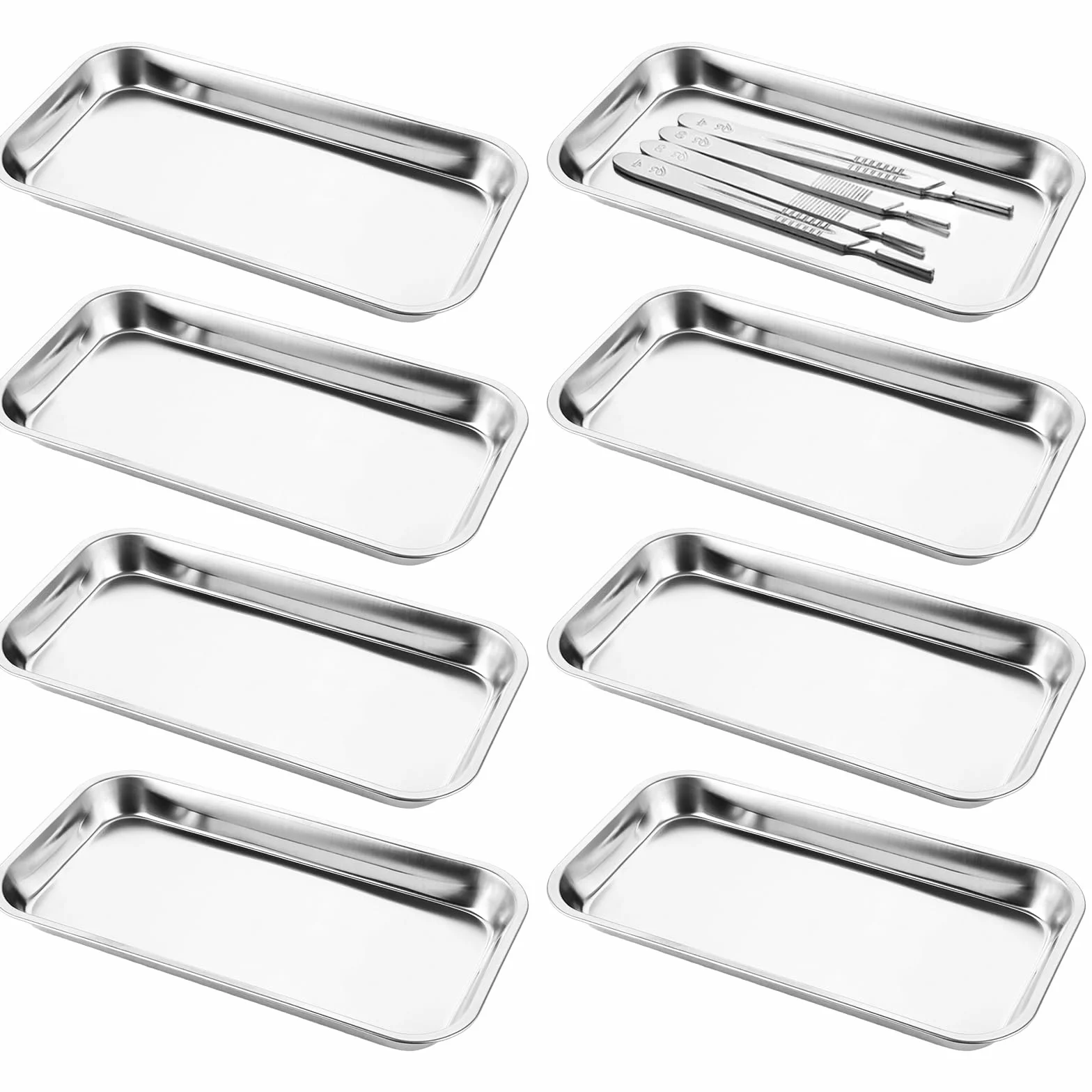 8 vassoi rettangolari per strumenti, in acciaio inox, rettangolare, piccolo vassoio da laboratorio in acciaio inox, per laboratorio, clinica, piatti da portata medici, 22 x 12 x 2 cm