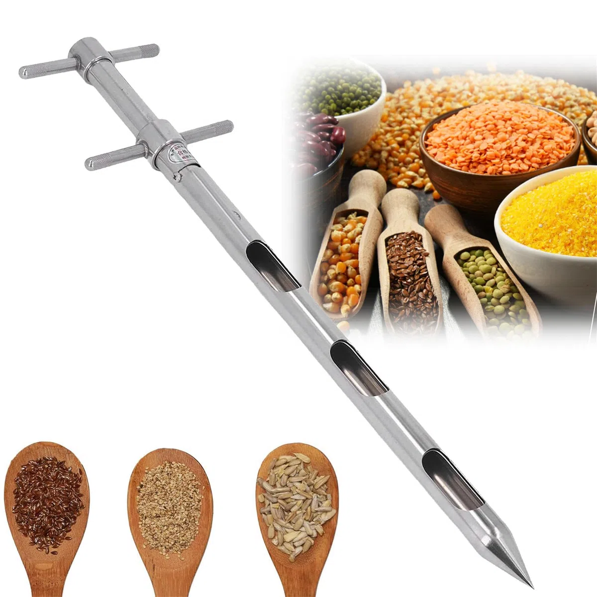 Campionatore per Sonda per Cereali, Tubo di Campionamento Rotante in Acciaio Inossidabile per Cemento Fertilizzante a Granuli Solidi, (0,5 M/1 M/1,5 M),1.5m