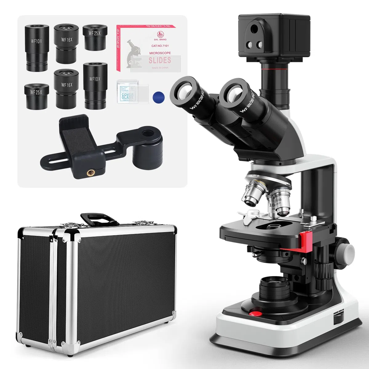Alimentazione Doppia Microscopio Composto Trinoculare Vabiooth Lab 40X-2500X con Fotocamera 5MP e Software Acquisizione Immagini, Registrazione Video, Misurazione Lunghezze,Oculari Ultra-Grandangolari