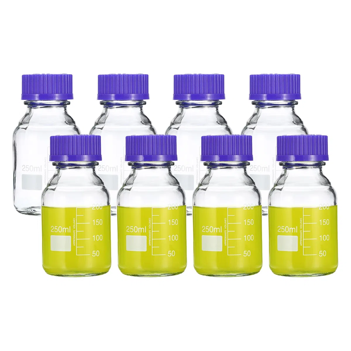 PATIKIL 8pz Bottiglie Supporto Conservazione, 250ml Bottiglie Rotondo Graduato Vetro Borosilicato con GL45 Blu Tappo Vite per Liquidi Reagenti Acqua Laboratorio, Trasparente