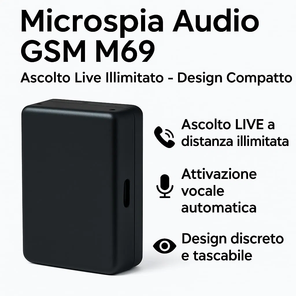 Microspia Antifurto Audio GSM – Dispositivo di Ascolto Ambientale AUDIO POTENZIATO Level 8, no GPS localizzatore, Chiamata o SMS Automatici, Ascolto LIVE a Distanza Illimitata, rete GSM (M69)