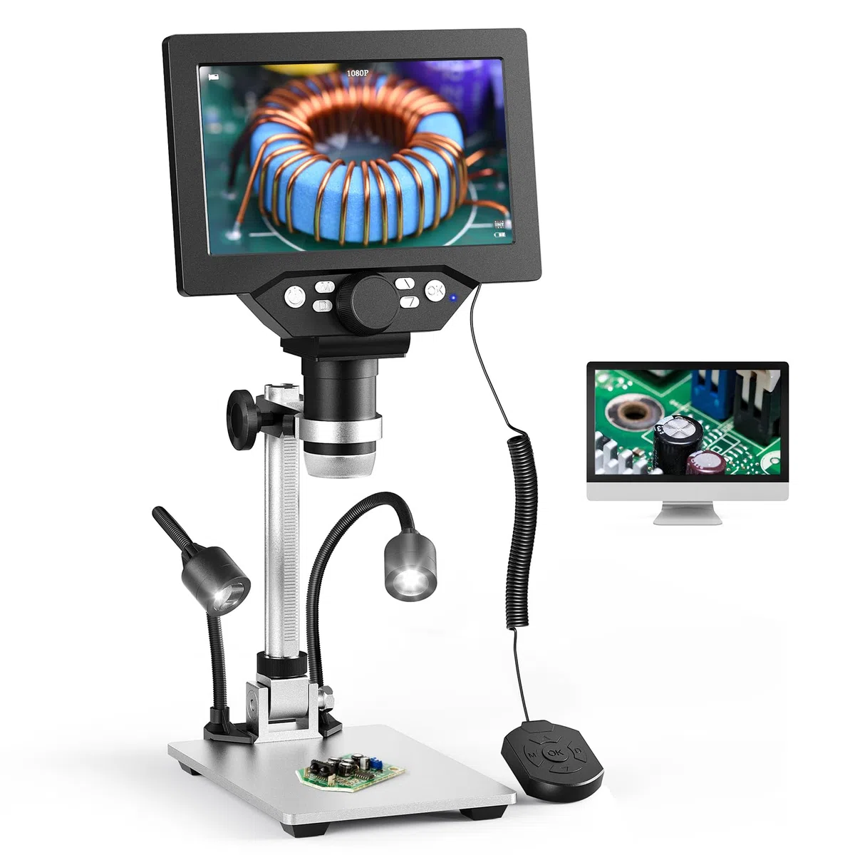 Microscopio Digitale, Couleeur Altezza Girevole 1200X 1080P e LCD Microscopio, microscopio con Display da 7 Pollici con 2 Luci Laterali Regolabili e 8 Sfere LED per Riparazioni Elettroniche