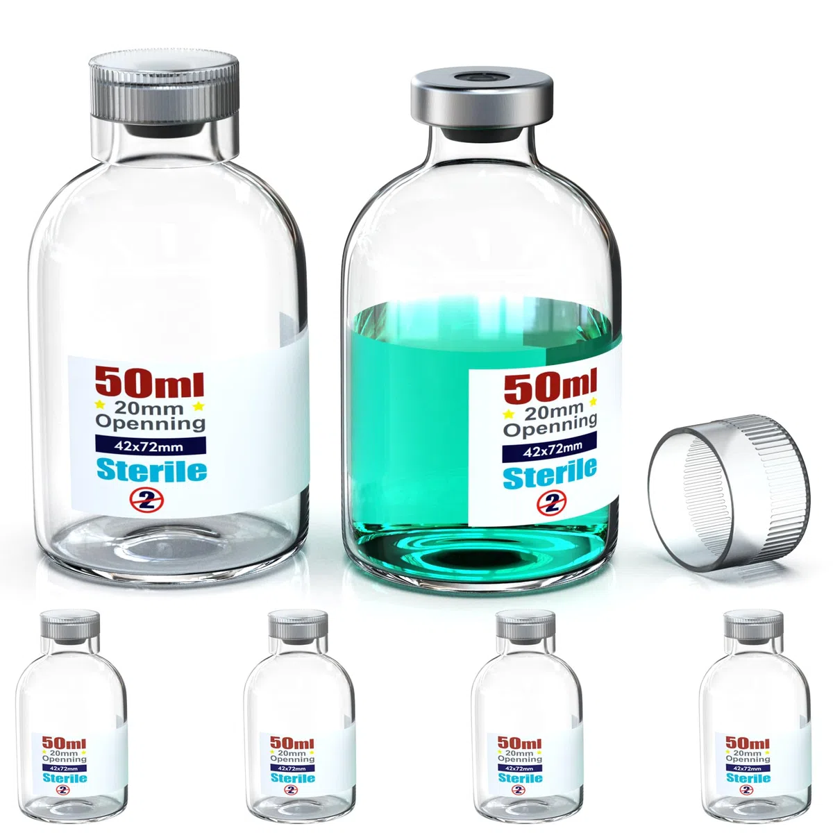 Biomed Solutions, fiale vuote sterili con tappo in plastica riutilizzabile, contenitori in vetro pronti da riempire, flaconi per iniezioni liquide sigillati con porta di iniezione auto-riparante (50ml