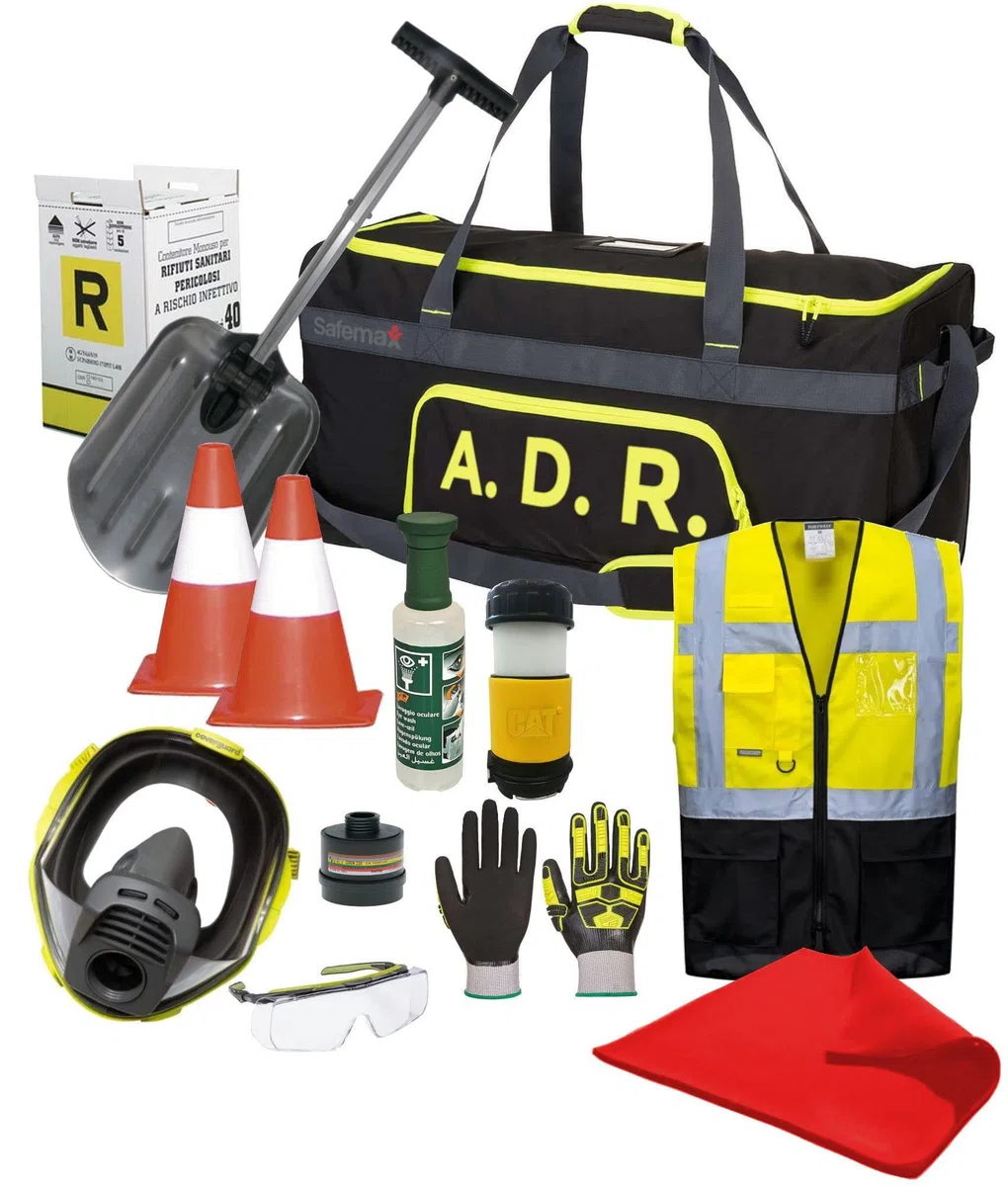 Kit ADR Safemax maggiorato per trasporti pericolosi, borsone in poliestere con accessori per emergenza nei trasporti pericolosi