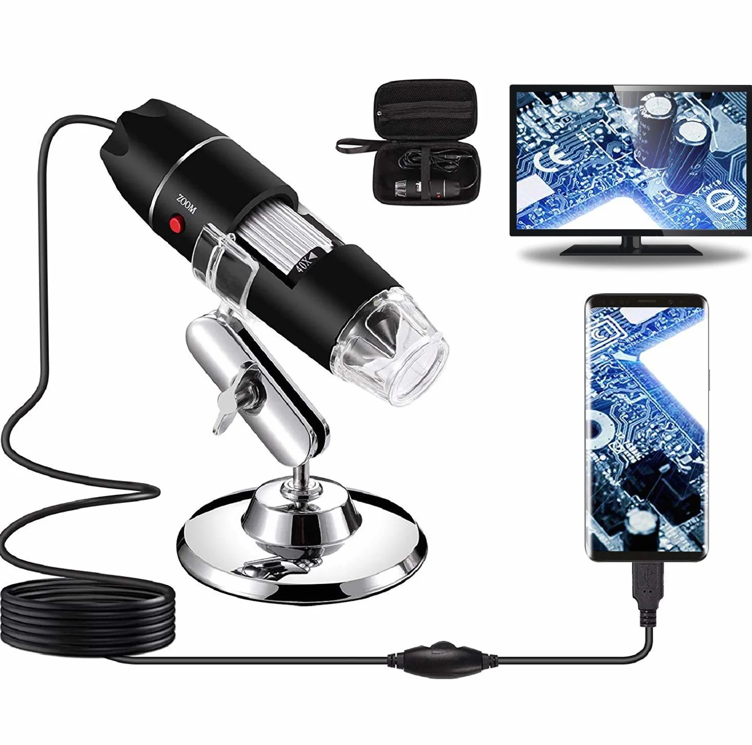Microscopio Digitale, Professionale Microscopio USB 2.0 Endoscopio 40-1000X Ingrandimento con Adattatore OTG e Supporto Metallico, Compatibile con Windows 7 8 10 Mac Android Linux