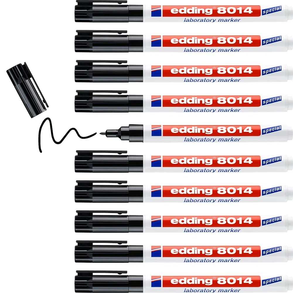 edding 8014 marcatore da laboratorio - nero - 1 pennarello - punta rotonda 1 mm - ideale per scrivere su superfici lisce e trasparenti (ad esempio tubi di prova, strumenti di laboratorio, etichette)