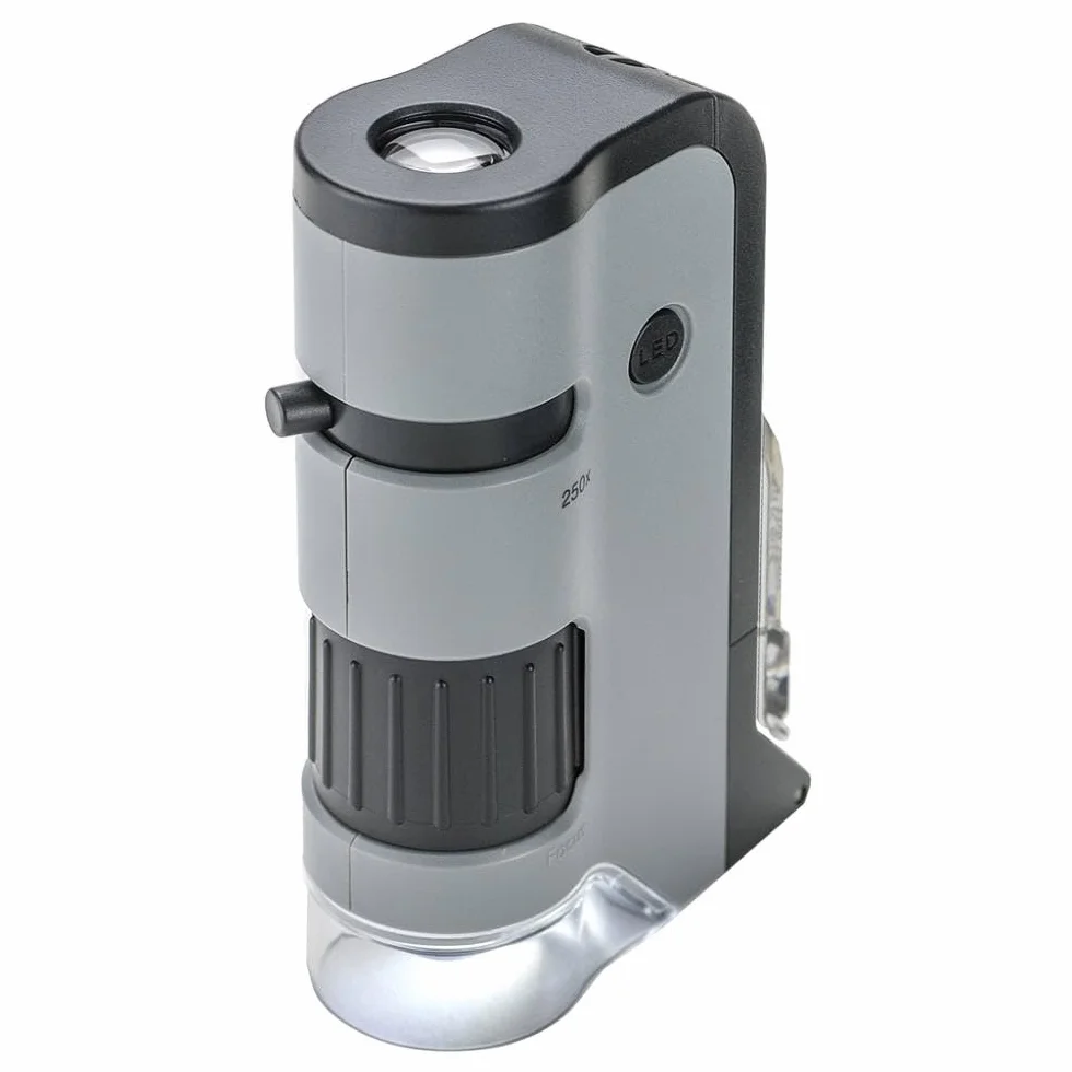 Carson 100x-250x MicroFlip Microscopio Portatile con Clip Digiscoping per Smartphone, Luce a LED a Batteria e Illuminazione UV, Microscopi per Laboratorio Analisi ed Esperimenti di Scienza (MP-250)