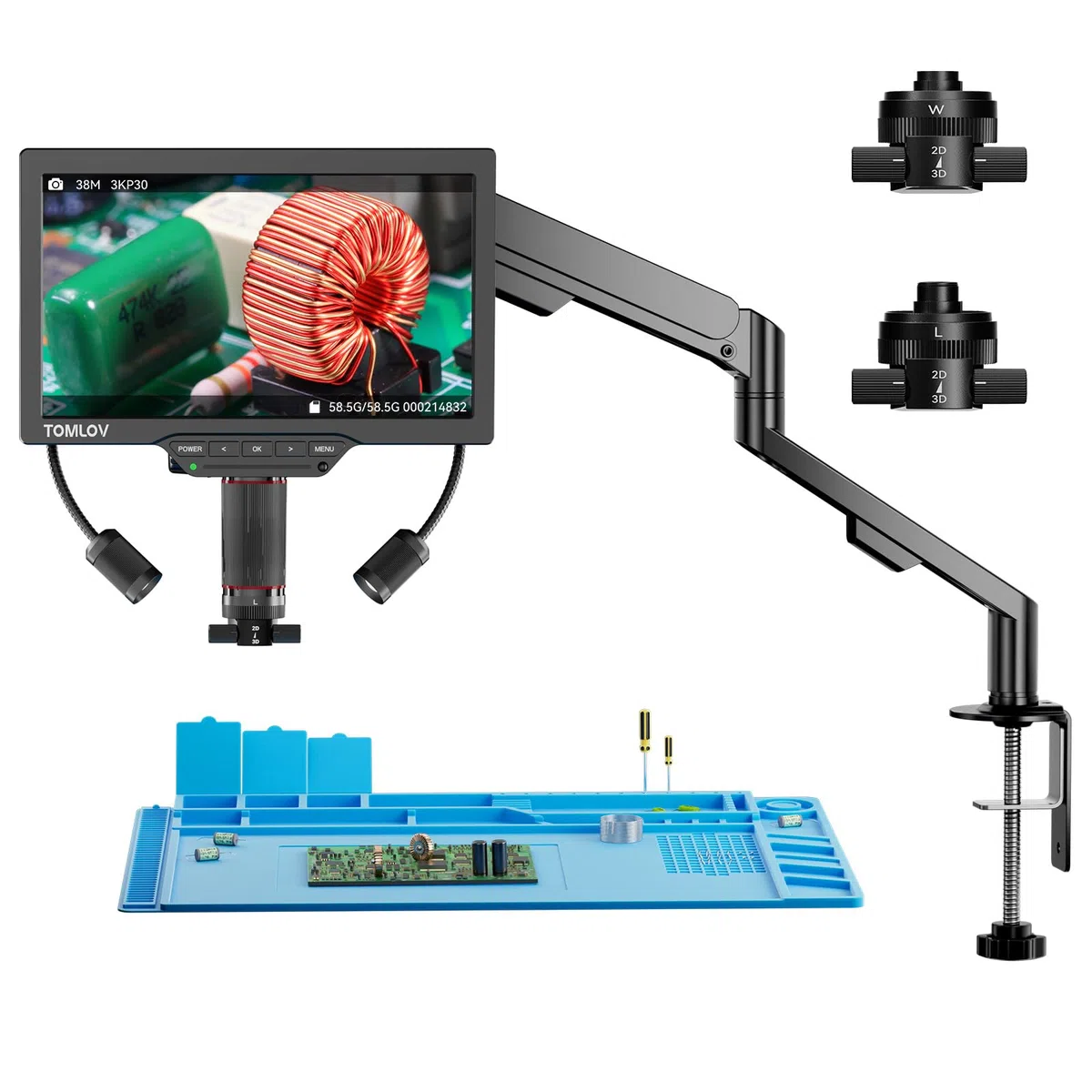 TOMLOV TM3K-3D Max 10,1" Microscopio Digitale IPS con Lenti Duali Magnetiche, Microscopio Saldatura 3D per Adulti, Ingranditore Monete 3K HDMI, LED, Tappetino per Riparazioni, Braccio Flessibile, 64GB