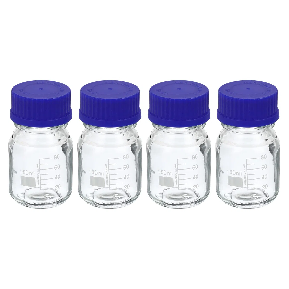 PATIKIL 100mL Bottiglia Media Reagente 4Pezzi Flacone Stoccaggio Vetro Rotondo Graduato Tappo Avvitabile Blu per Laboratorio Casa Trasparente
