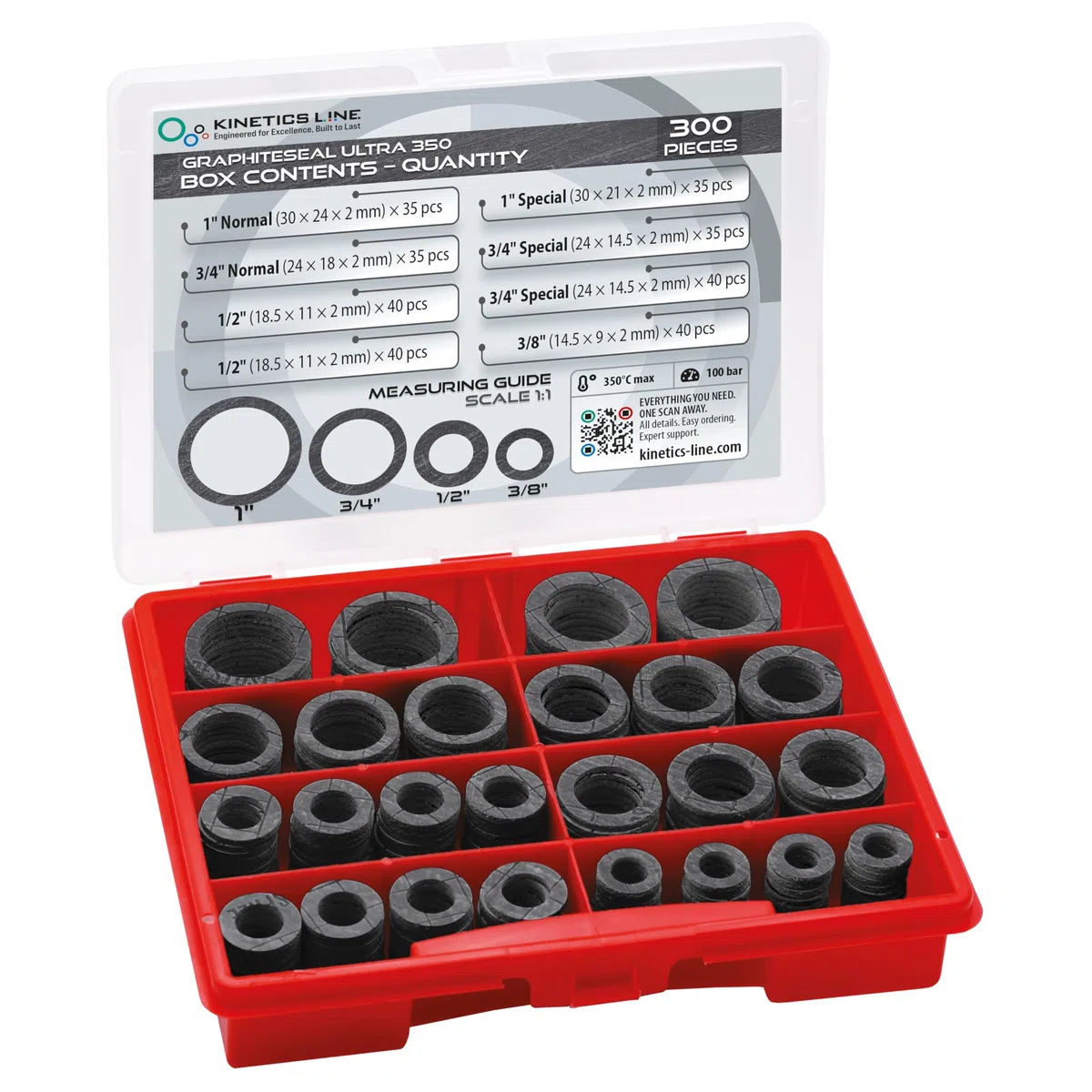 Kit Guarnizioni Flangia In Grafite 300 Pezzi – Guarnizioni Industriali Alta Temperatura Per Vapore E Caldaie 3/8–1 Pollice – Fino A 350°C E 100 bar – Uso Professionale