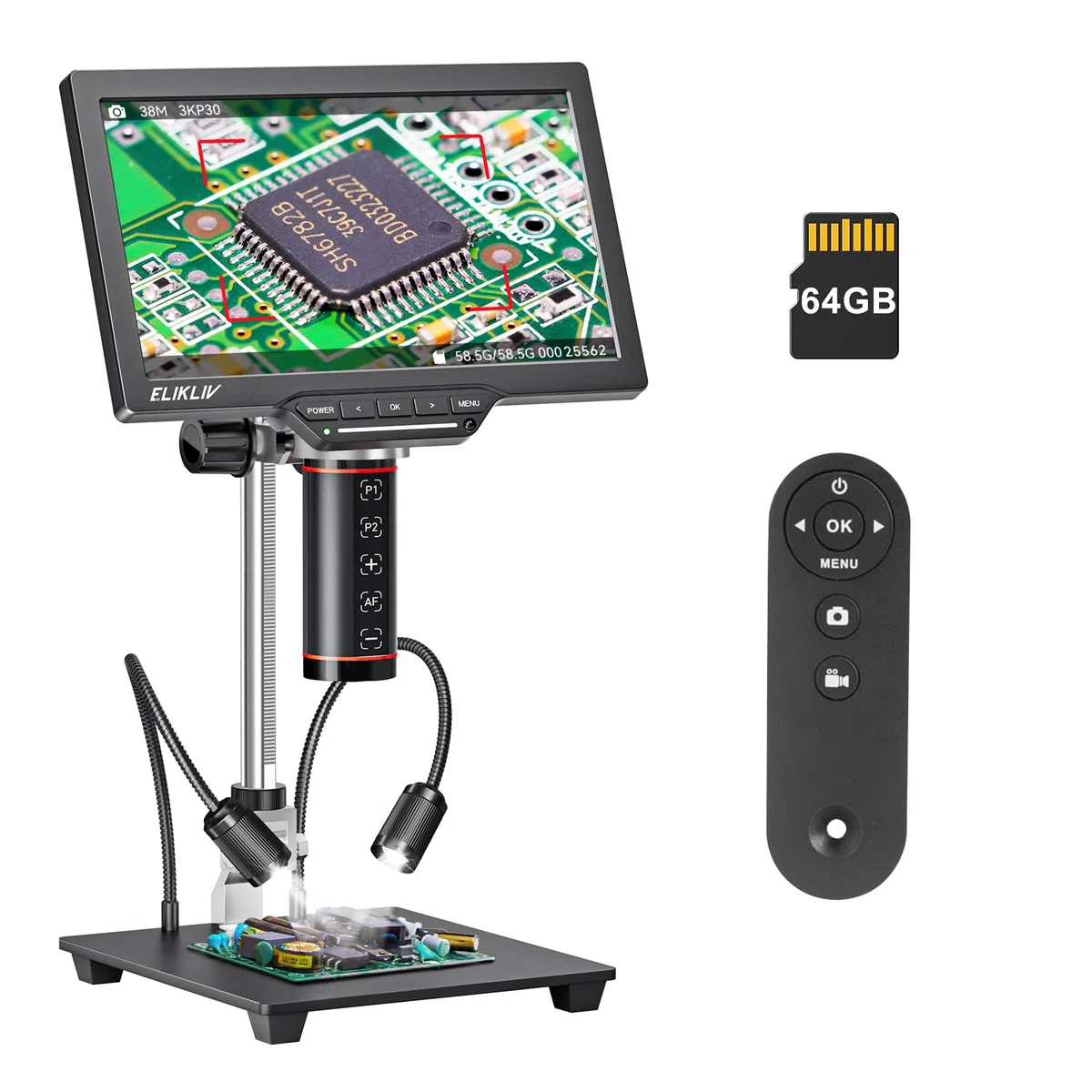 Elikliv EM3K-AF Max Microscopio Digitale 3K Autofocus HDMI, Schermo LCD da 10.1" e 38MP, per Saldatura e Riparazioni Elettroniche, Supporto da 10'', 64 GB
