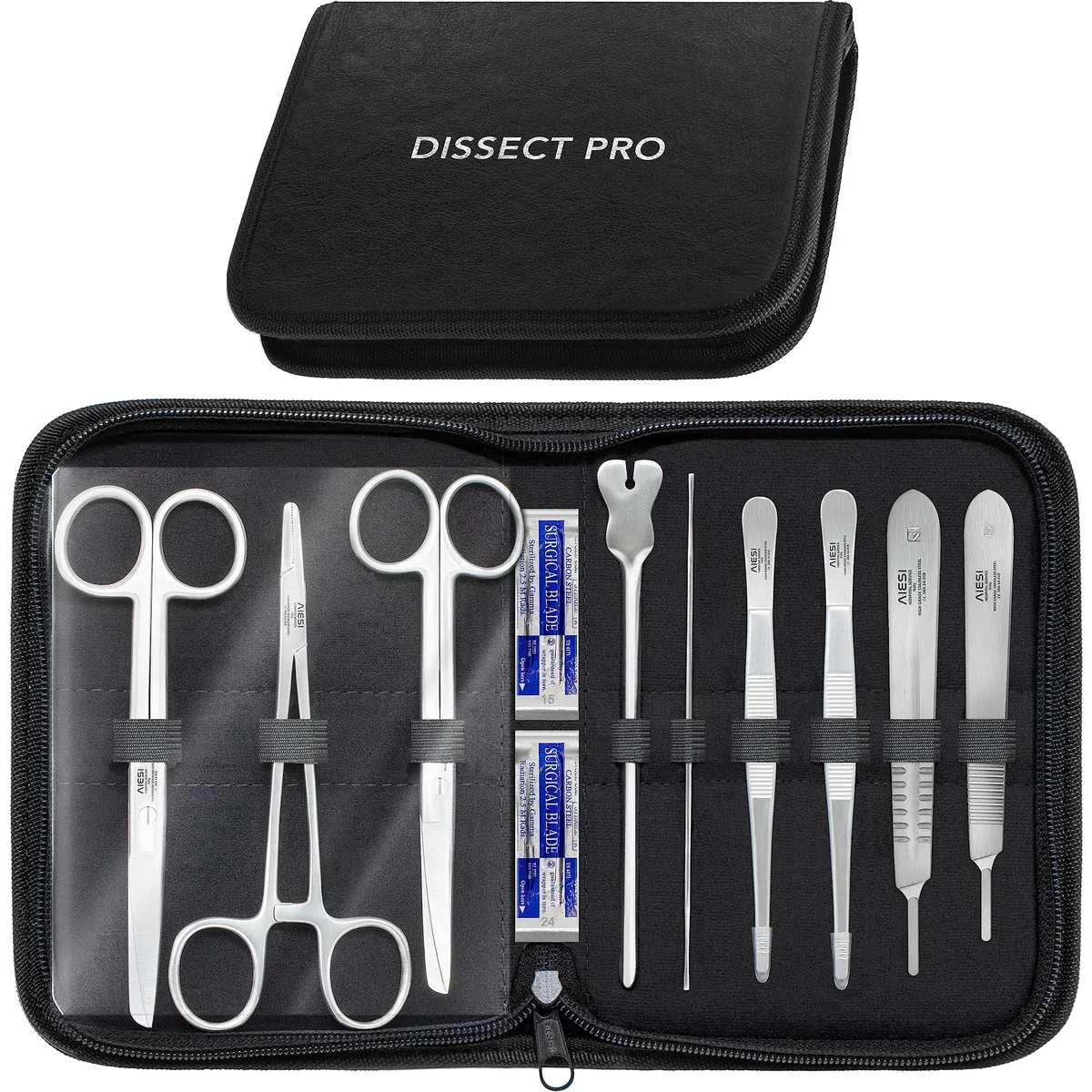 AIESI® Set per dissezione anatomica con 9 strumenti in acciaio inox DISSECT PRO, Kit strumentario chirurgico, Garanzia Italia 10 anni