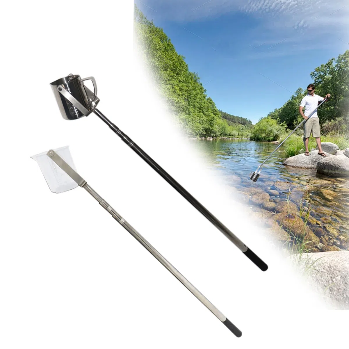Asta telescopica per Il prelievo di Campioni d'Acqua, in Acciaio Inossidabile, con Tazza Graduata da 500/1000 ml, campionatore a Pendolo per Serbatoi/stagni (Acciaio Inossidabile 500 ml, 1-2