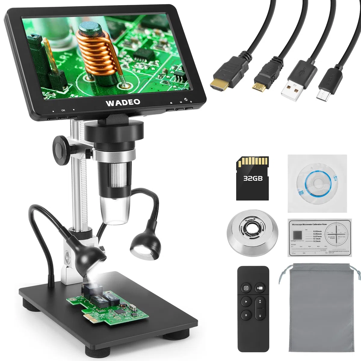 WADEO Microscopio Digitale Professionale, [7" Schermo LED] [1200X] Microscopio per Saldatura con 2 Lampade Regolabili, Scheda 32GB, Uscita HDMI per TV, PC, Windows, Mac (7" - 1200X - HDMI + USB)