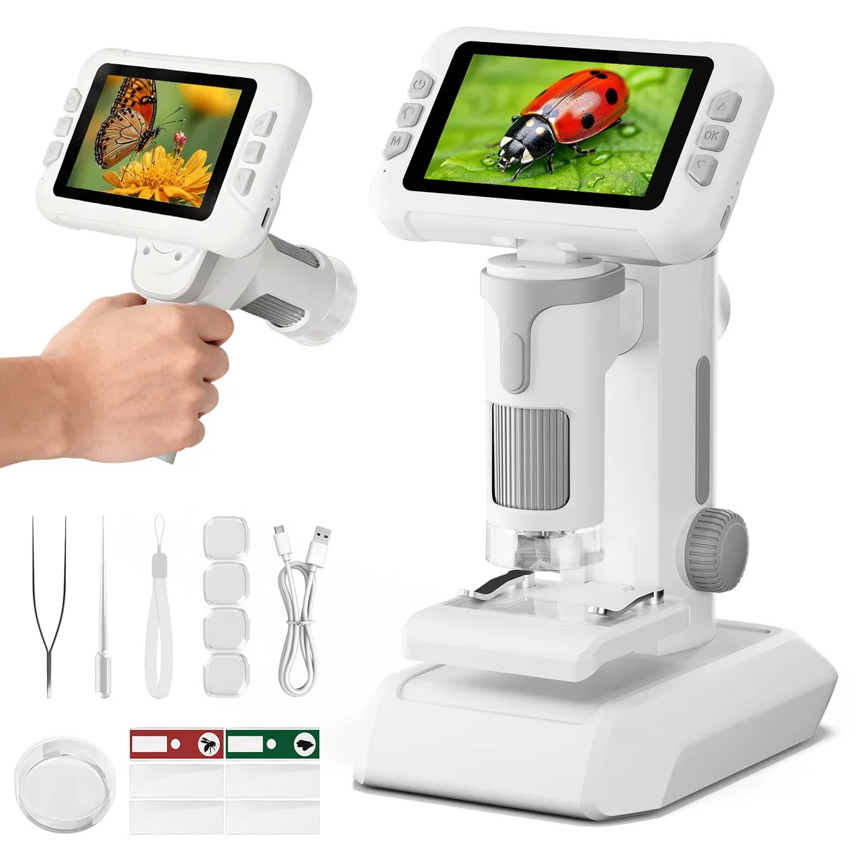 1600X Microscopio bambini, Schermo IPS da 4,0 Pollici Microscopio Digitale con 6 luci LED Regolabili e Vetrini, ARegali di Natale Compleanno e Capodanno per Bambini dai 3 ai 14 Anni (Grigio)