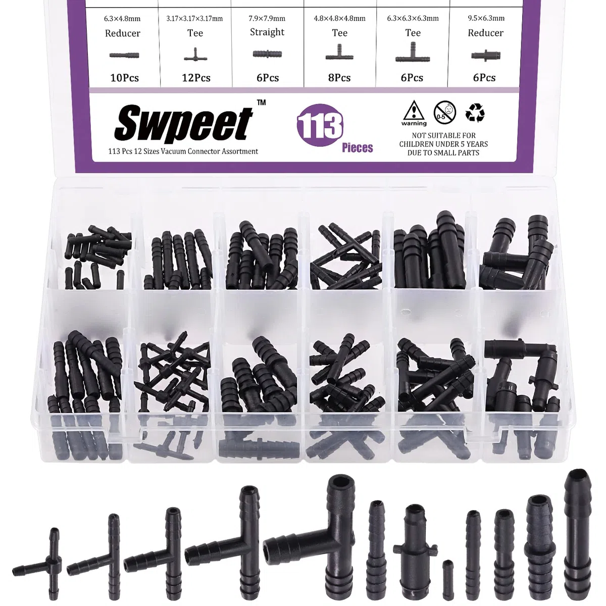 Swpeet Kit di 113 connettori per vuoto spinati, tra cui raccordo a T, riduttore e connettori dritti per sostituire i tubi di aspirazione