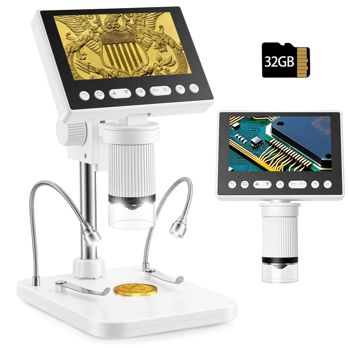 eSynic IPS 4.5" Microscopio Digitale Ricaricabile, Ingrandimento 5X-1000X, 8 LED Regolabile + 2 Fari a Tubo Flessibile, USB Microscopio con 32GB di Memoria, Fotocamera 1080P, Compatibile Windows/MacOS