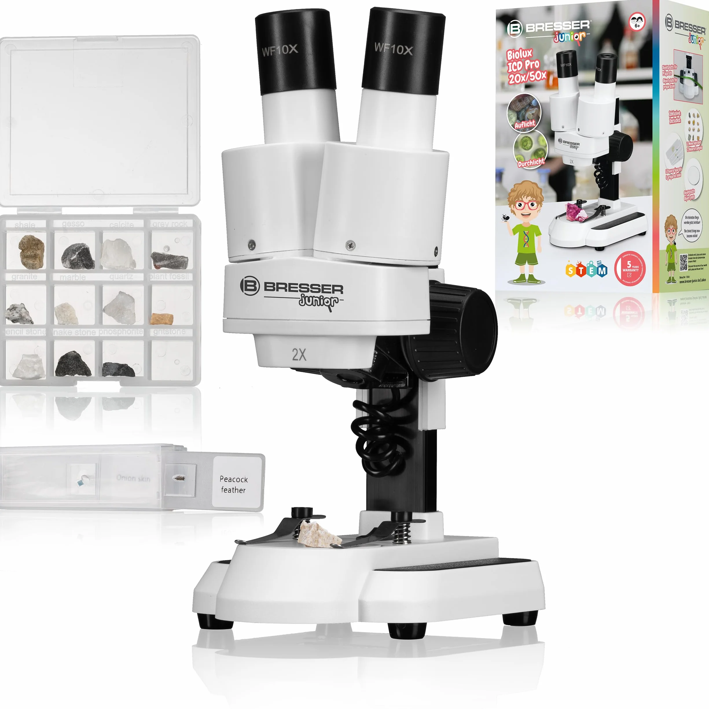 Bresser 8852001 Microscopio a Luce Trasmessa e Incidente con Ingrandimento 20x e 50x, bianco, 20x/ 50x