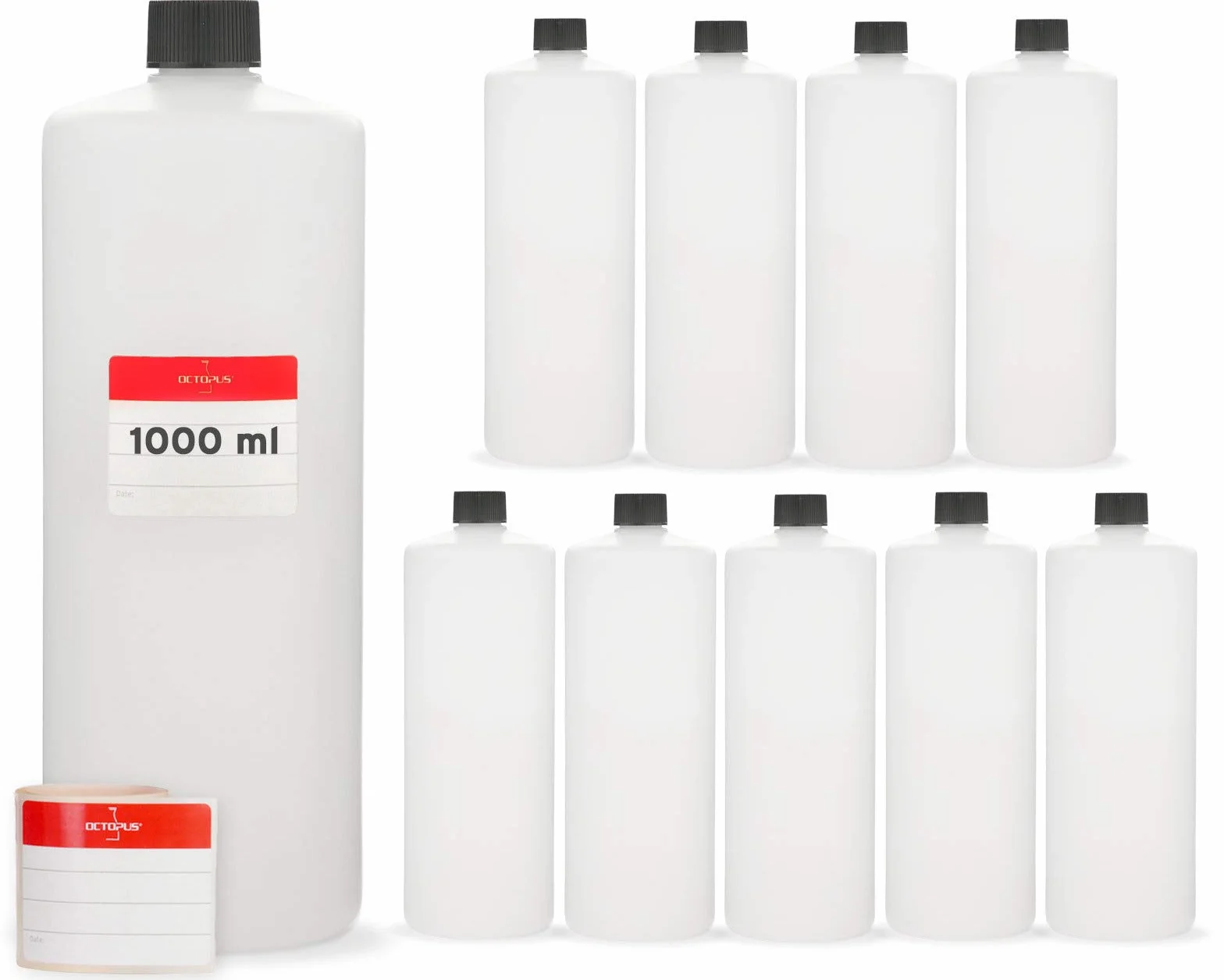 Octopus 10 x Bottiglie di plastica 1000 ml, HDPE, 1 litro bottiglie rotonde con tappi a vite o coperchi neri, bottiglie vuote con filettatura da 25 mm, etichette di etichettatura incluse