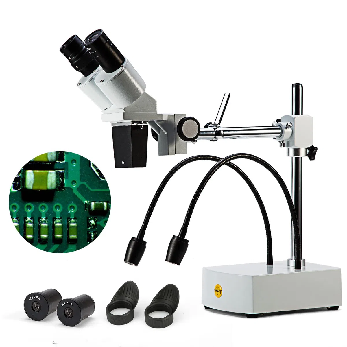 SWIFT Microscopio stereo binoculare S41,Grado professionale,10X/20X con oculari grandangolari 10X e 20X, 2 luci LED flessibili,fotocamera-compatibile