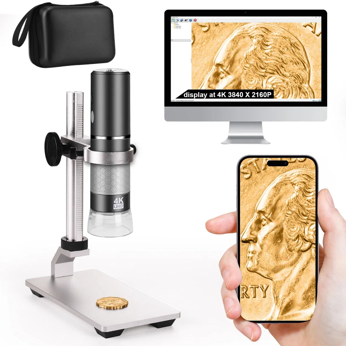 Microscopio WiFi 4K Con Supporto Professionale + Custodia Per iPhone Android PC, 50-1000X Microscopio Digitale USB HD Per tutti i Cellulari iPad Tavoletta Android Windows Mac Chrome Linux