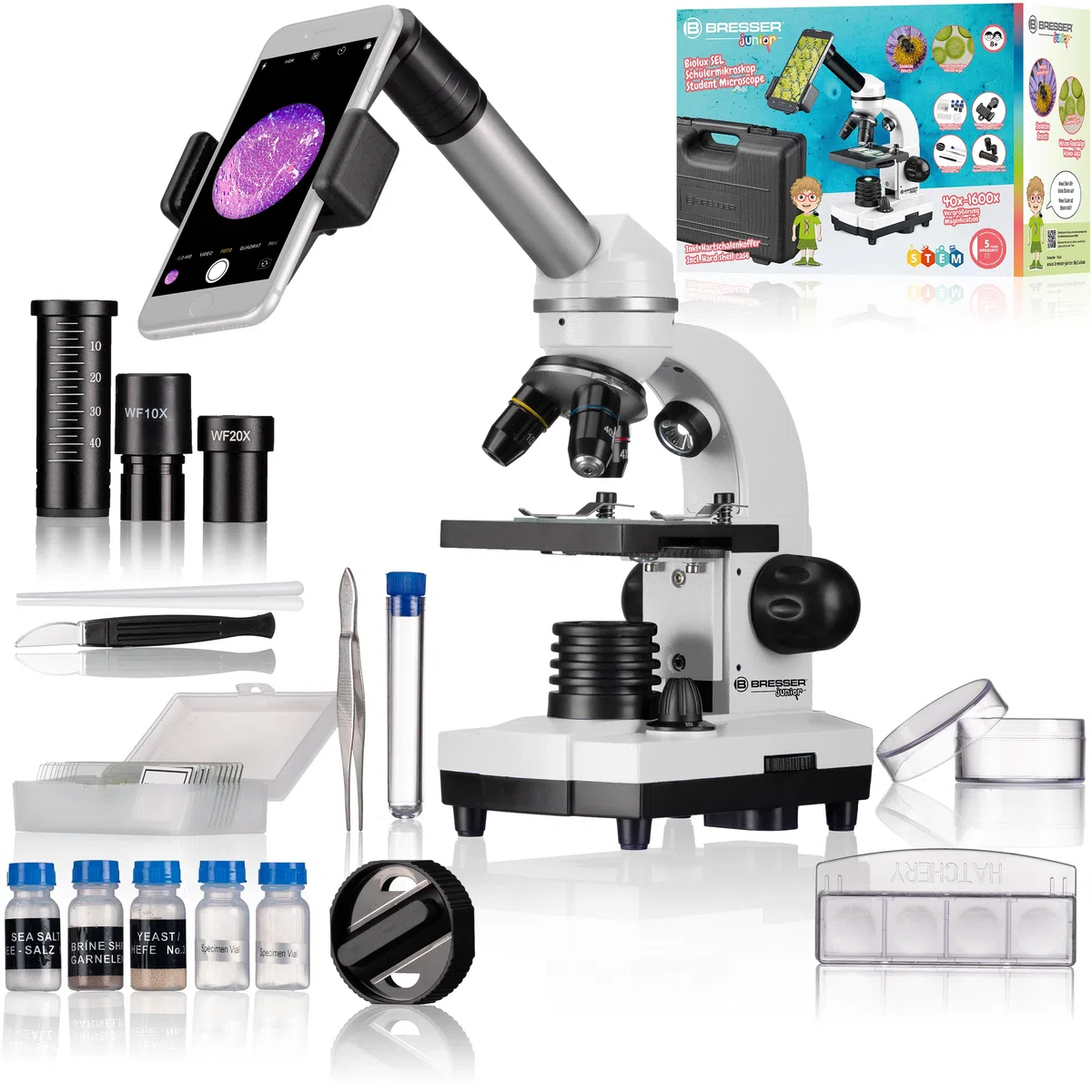 Bresser “Biolux SEL” - Microscopio per studenti con illuminazione, adattatore per smartphone, custodia rigida, un set di esperimenti e molti accessori